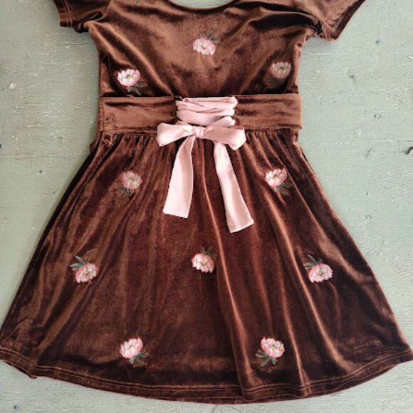 HONEY BELLE | Copper Brown Velvet Floral Fit And Flare Scoop Neck Corset Dress L - Picture 13 of 16
